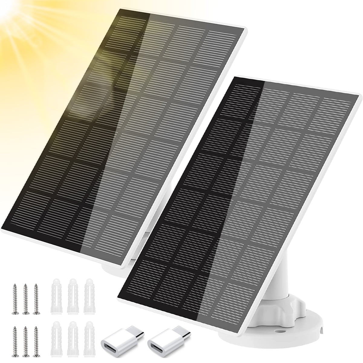 OKYMOTOR 2pcs Solar Panel for Security Camera 5W USB Solar Panel Micro USB & USB-C Port Solar Panel IP65 Waterproof Solar Charger for Camera with 360°Adjustable Mounting