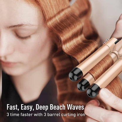 Morfone 3 Jumbo Barrel Curling Iron Wand 22mm Hair Waver Temperature Adjustable Ceramic Big Waves Hair Crimper (Gold)