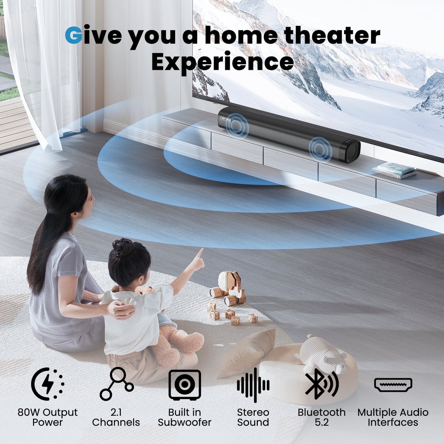 TOPVISION 80W Sound Bar for TV, 2.1Ch Sound bar with subwoofer, Stereo Surround Sound System for tv, HDMI/Bluetooth 5.2/USB/AUX/Optical/Remote Control Home Theater Audio, SL02