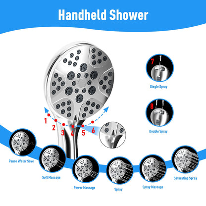 IUSU 8-Setting High Pressure Shower Head, 11.8 inch Rain Shower Head with Handheld and Hose Silver