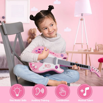 AIMEDYOU Kids Guitar for Girls Music Toys Guitar for Kids Toddler Electric Guitar with Strap Kids Pink Guitar Musical Instrument Toys for 3 4 5 Year Old Girls Gifts