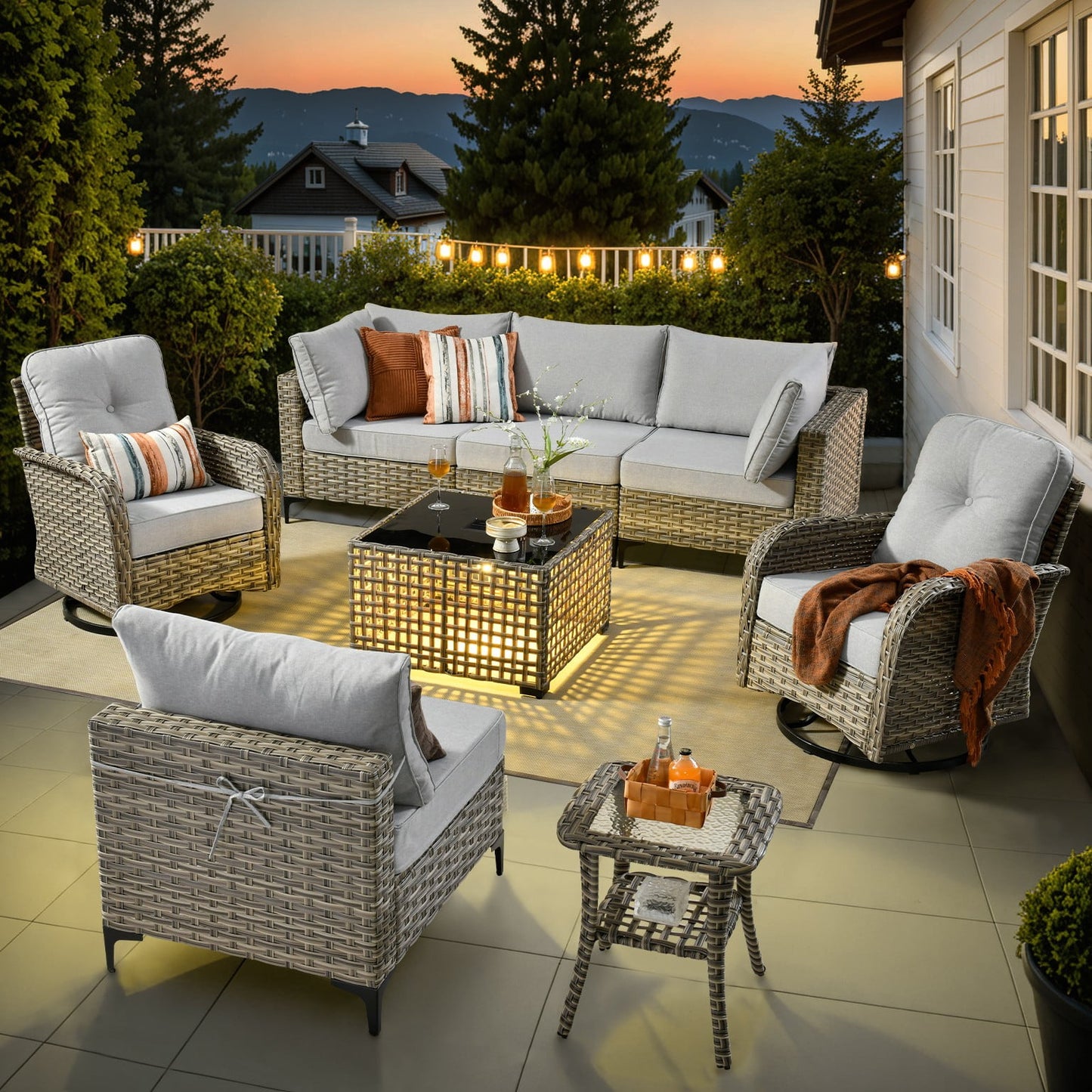 Ovios 8 Pieces Patio Outdoor Furniture Set with Swivel Chairs All-Weather Rattan Wicker Conversation Outside Sectional Sofa Chair with Solar Light Table