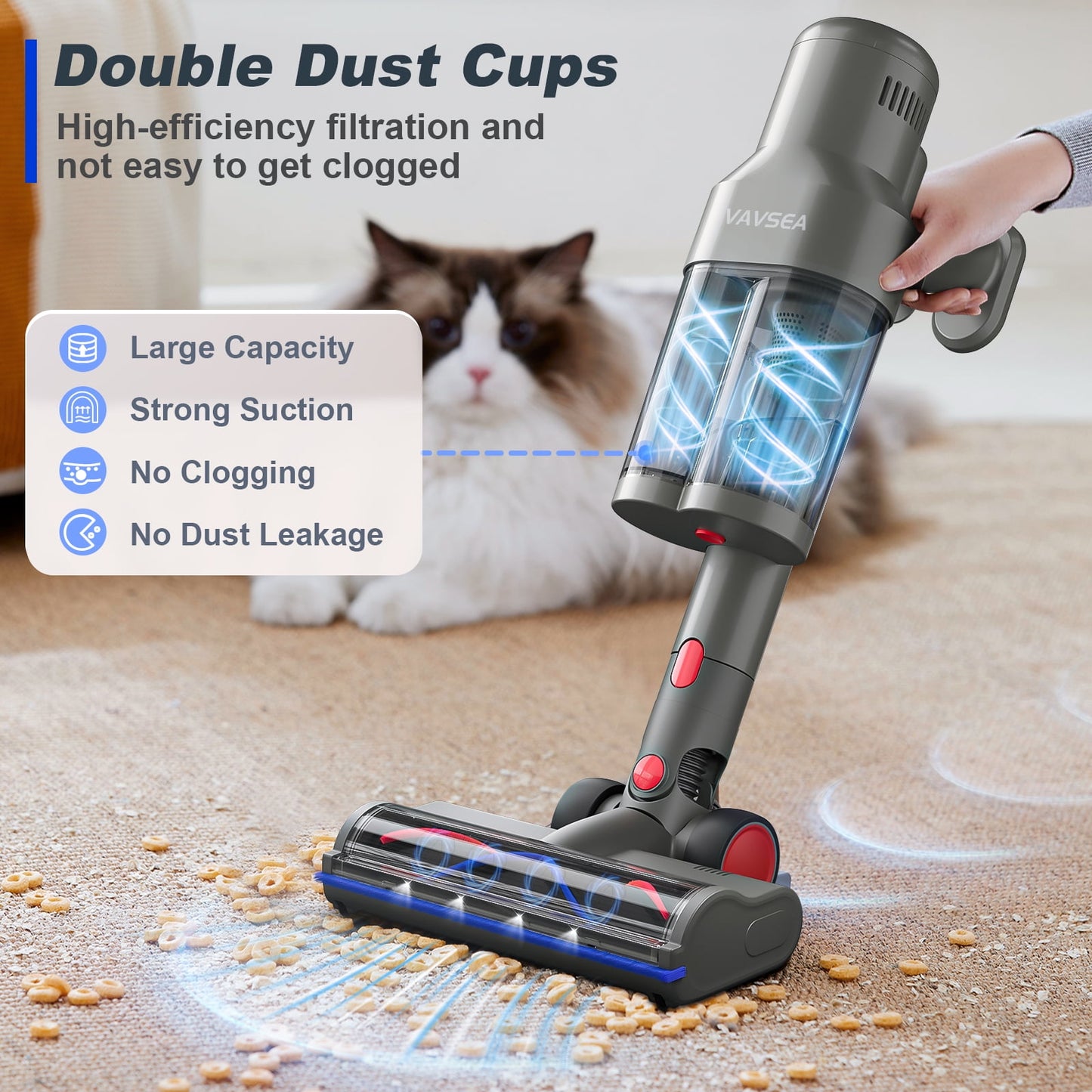 VAVSEA Cordless Stick Vacuum Cleaner with Double Dust Cup, Powerful Suction Lightweight Vacuum Cleaner with 450W Brushless Motor for Home Hard Floor Carpet Pet Hair, New