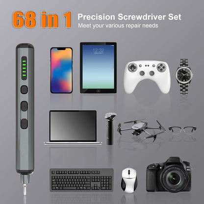 Mini Electric Screwdriver, 68 in 1Electric Precision Screwdriver Set, Cordless Repair Tool for Eyeglasses, Laptops, Console - 5 Torque Settings, Magnetic Case, Torx & Phillips Bits