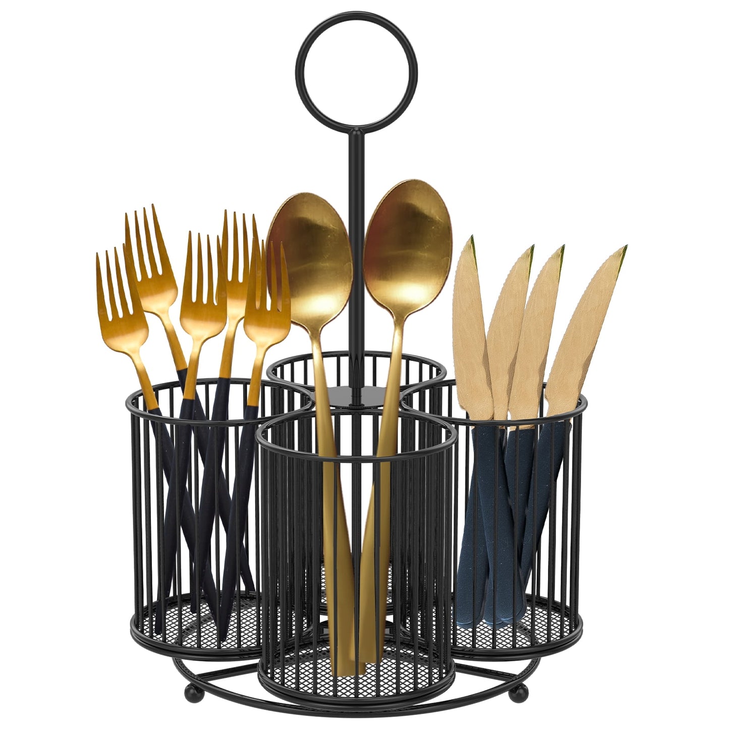 Txkrhwa 360° Rotating Utensil Caddy, 4 Compartment Metal Utensil Organizer, Kitchen Utensil Caddy, Multifunctional Cutlery Storage Holder, Flatware Organizer with Handle for Home Party