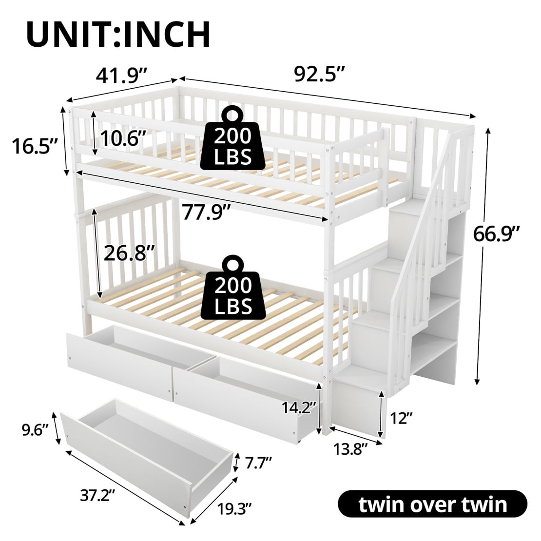 Twin over Twin Bunk Bed with 2 Drawers and Staircases, Wood Bunk Bed Frame with Safety Rails for Kids Teens Adults, Bunk Bed Frame Convertible into 2 Beds, White