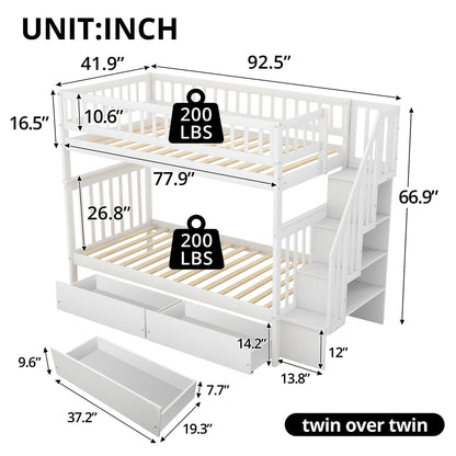 Twin over Twin Bunk Bed with 2 Drawers and Staircases, Wood Bunk Bed Frame with Safety Rails for Kids Teens Adults, Bunk Bed Frame Convertible into 2 Beds, White