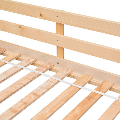 Twin over Twin Floor Bunk Bed for Kids, Wooden Low Bunk Bed Frame with Safety Guardrails and Ladder, Bedroom Furniture with Sturdy Slats Support for Boys Girls