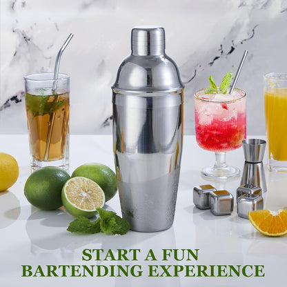 Cocktail Shaker Set, 23-Piece Stainless Steel Bartender Kit with Acrylic Stand & Cocktail Recipes Booklet, Professional Bar Tools for Drink Mixing, Home, Bar, Party (Include 4 Whiskey Stones)