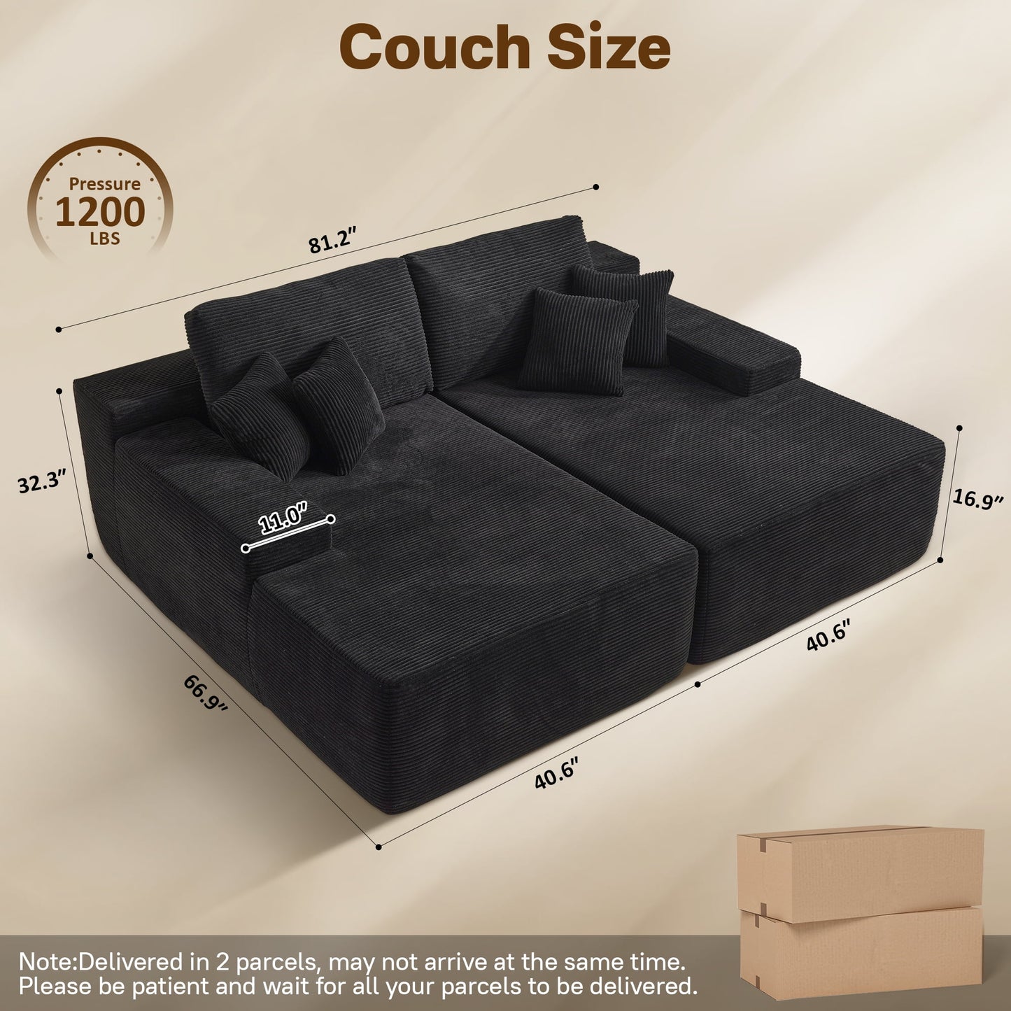 Vcatnet 81" Modular Sectional Sofa Couch Corduroy Chaise Lounge Loveseat Sofa Bed Oversized Upholstered Sleeper Sofa for Living Room and Bedroom, Black