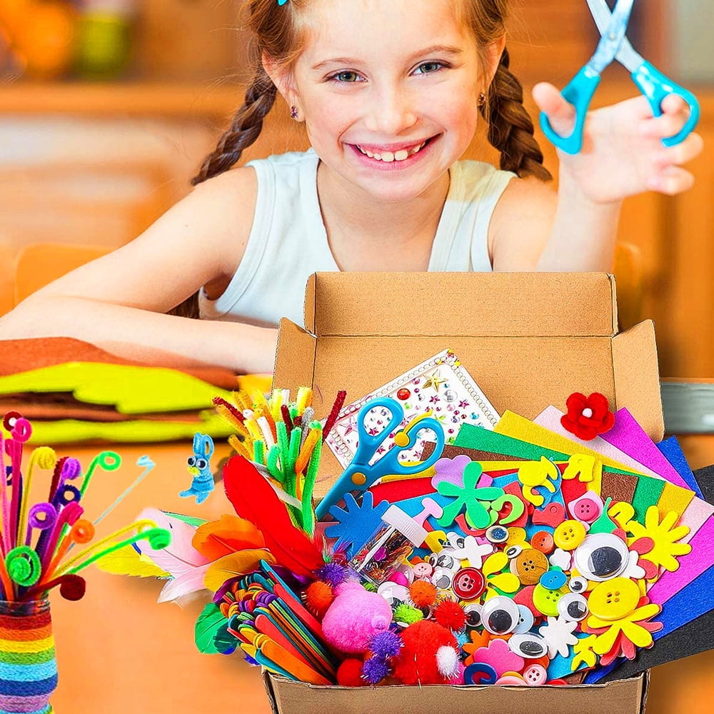 Tcwhniev 1000Pcs DIY Art Craft Kit for Kids Creative Crystal Sticker Felt Wiggle Googly Colorful Wooden Sticks Party Supplies