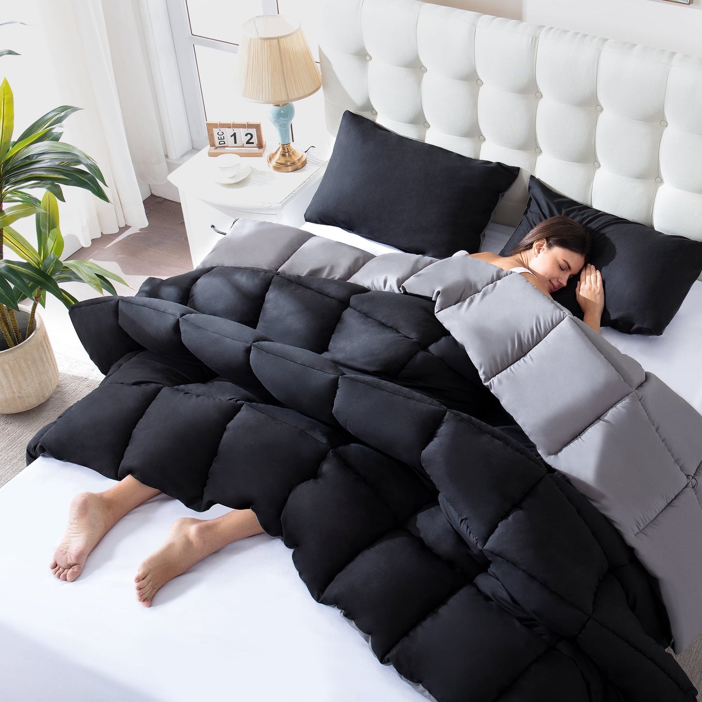 Thinway 2 Pieces Bed In a Bag Comforter Set Duvet Insert, Reversible, Black/Grey, Twin-200GSM, Thicker than the Cheap