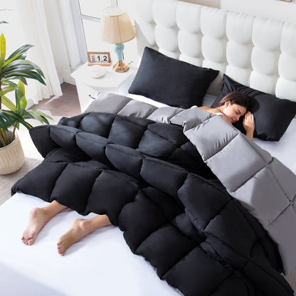 Thinway 2 Pieces Bed In a Bag Comforter Set Duvet Insert, Reversible, Black/Grey, Twin-200GSM, Thicker than the Cheap