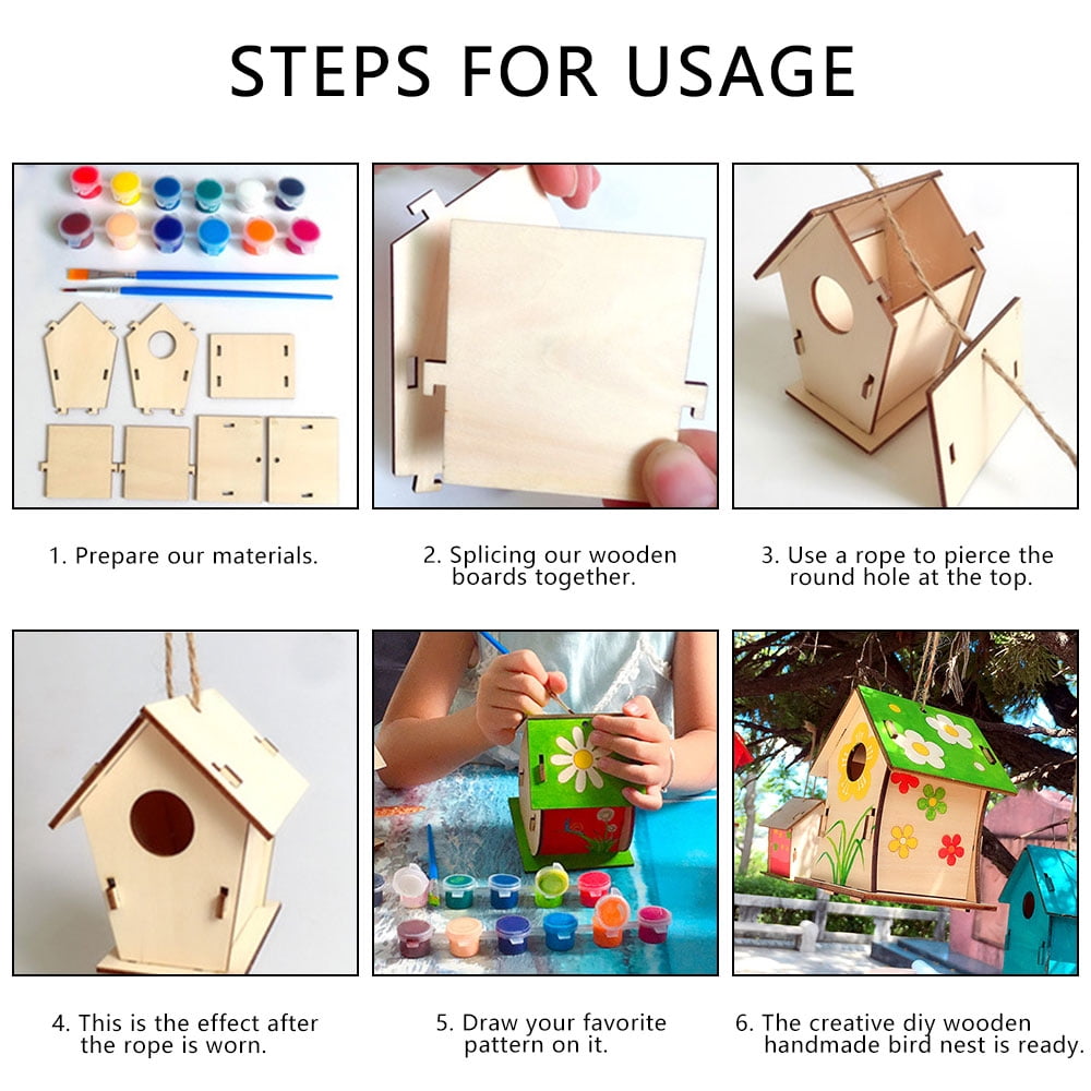 NYIDPSZ 4 Sets Paint Your Own Wooden Bird House Kit Small Garden Nesting Childrens Craft DIY Birdhouse Making Kit, Includes Paints, Brushes, Glue