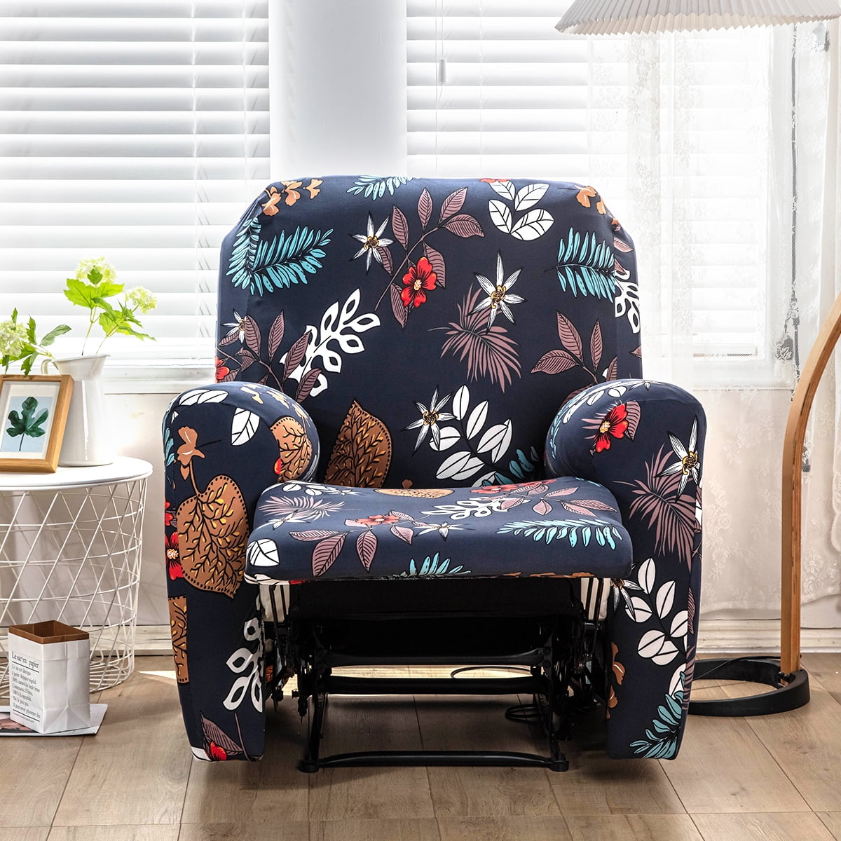 Xiyztok Set of 4 High Stretch Recliner Cover 1Seat Soft Sofa Slipcover Printed Reclining Chair Cover with Side Pocket Furniture Protector for Single Seat Sofa and Couch