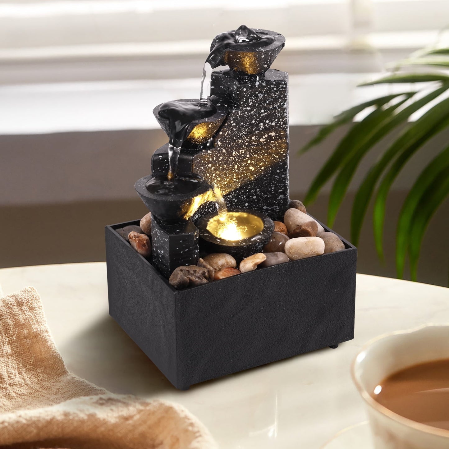 Pcapzz Tabletop Waterfall Fountain Relaxation Meditation Desktop Fountain with Soft Lights Flowing Water Ornaments Tabletop Fountain Landscape Decor for Indoor Outdoor