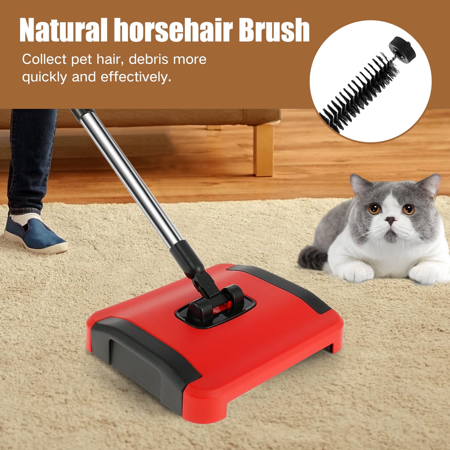 Kyoffiie Carpet Floor Sweeper with Horsehair Manual Carpet Sweeper Cleaner Carpet Broom Sweeper Efficient Hand Push Carpet Sweeper Rug Roller Brush Push for Cleaning Pet Hair Loose Debris Lint