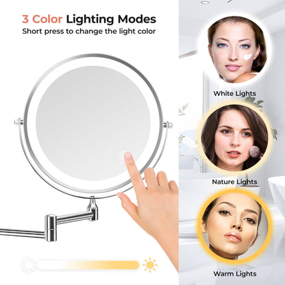 ZIMFANQI Bathroom Vanity Mirror with Lights, 8" Double Sided 1X/10X Magnifying, 3 Colors Brightness Adjustable Makeup Mirror, 360°Rotation Extendable Wall Mounted Lighted Makeup Mirror(Chrome)
