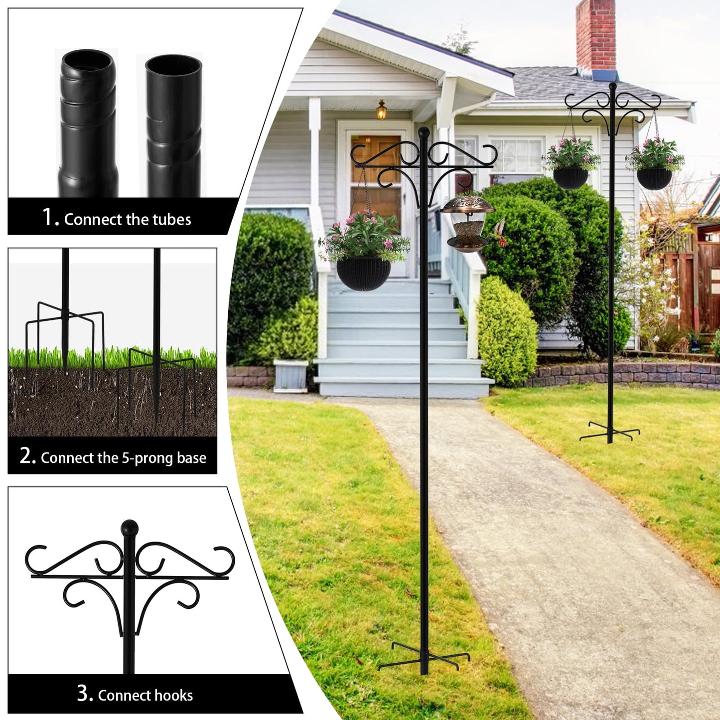 92 Inch Double Shepherds Hooks for Outdoor, Heavy Duty Bird Feeder Pole with 5 Base Prongs, Adjustable Garden Hanging Holder for Bird Feeders, Lanterns, Plant Hanger Stands, Weddings Decor