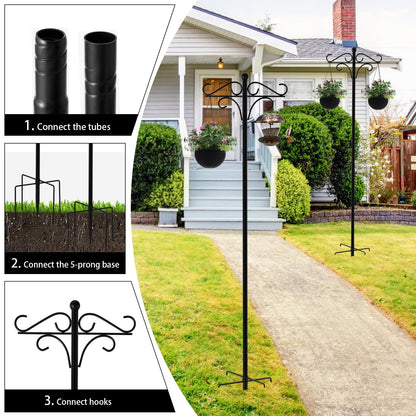 92 Inch Double Shepherds Hooks for Outdoor, Heavy Duty Bird Feeder Pole with 5 Base Prongs, Adjustable Garden Hanging Holder for Bird Feeders, Lanterns, Plant Hanger Stands, Weddings Decor