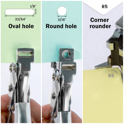 Txkrhwa 3 in 1 Badge Slot Metal Hole Punch, Handheld Card Puncher, Precise R5 Rounded Edge Corner Puncher, Hand Punch Tool for PVC Material, Business Cards, Paper and Cardstock