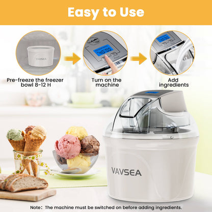 VAVSEA 1.5 Qt Ice Cream Maker with Scoop, Ice Cream Machine with LCD Digital Display & Timer, Double-Insulated Freezer Bowl, Sobert Maker for Gelato, Frozen Yogurt, Drinks, White