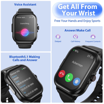 AUOSHI Smart Watch for Women Men,2.01"HD Screen Fitness Tracker with Bluetooth Answer/Make Calls,IP67 Waterproof/Sleep Monitor/100+ Sport Modes,Smartwatches Compatible Android Ios