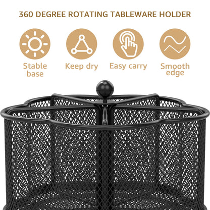 Txkrhwa 360 Degree Rotating Metal Utensil Caddy Holder, 5 Compartments Silverware Cutlery Organizer, Kitchen Fork Spoon Organizer, Party Countertop Buffet Picnic Camping Outdoor Storage Basket