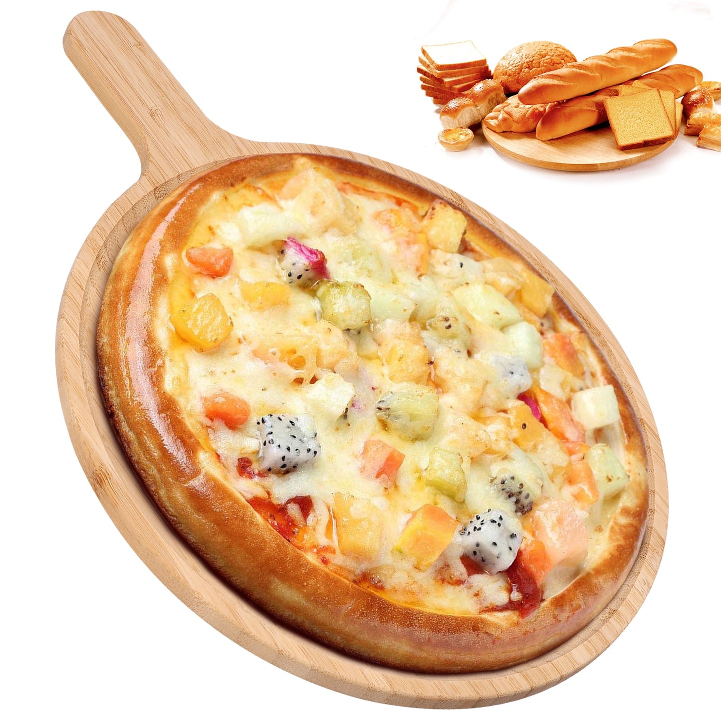 Txkrhwa 12 inches Round Pizza Cutting Board Cheese Paddle Board Round Serving Board Tray Bread and Crackers Platter with Handle for Serving and Food Prepare