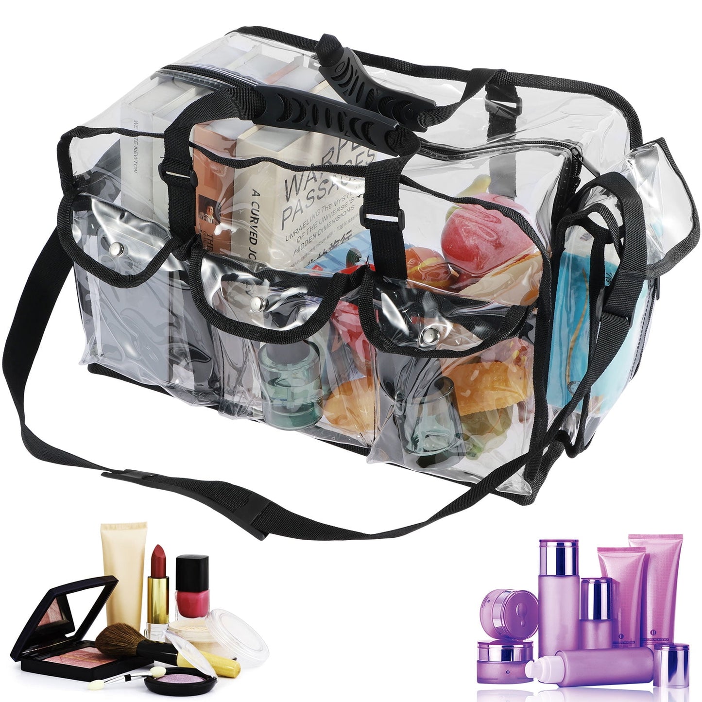 Txkrhwa Clear PVC Makeup Bag with 4 External Pockets, Wide Open Clear Makeup Organizer Bag, Zippered Clear Cosmetics Bag, Large Clear Makeup Tote Bag Toiletry Bags with Shoulder Strap