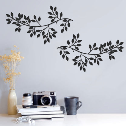 Dznils 2Pcs Metal Tree Leaf Wall Art Vine Olive Branch Leaf Wall Decor Wrought Iron Scroll Sculptures, Black