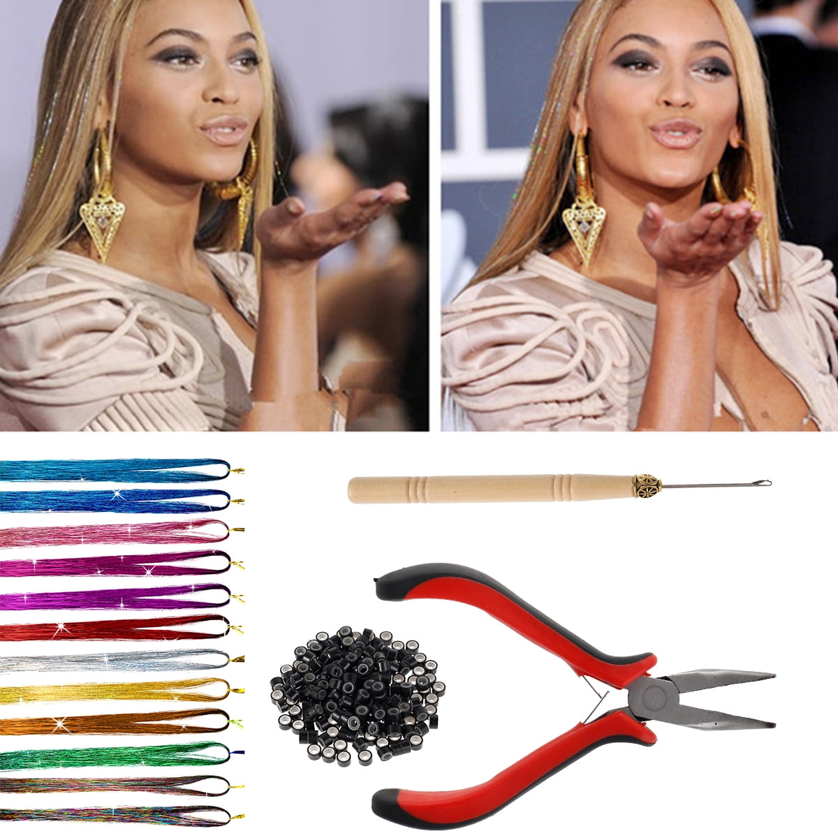 Hair Tinsel,37inch 12 Colors Tinsel Hair Extensions Shiny Hair Tinsel Kit with Plier Pulling Needle,Silicone Buckles Glitter Hair Extensions for Cosplay Party?200Pcs?