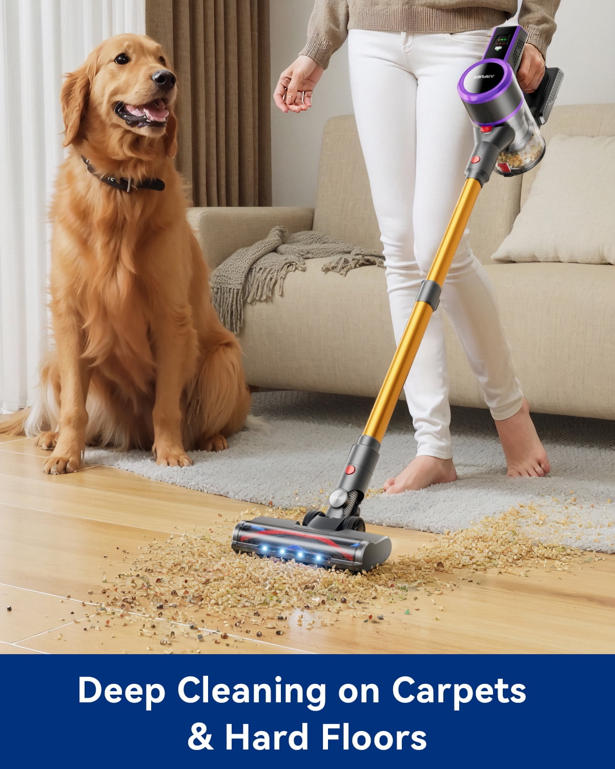 ARFUEE Cordless Vacuum Cleaner, 45000Pa/550W/60Mins Stick Vacuum, Lightweight/LED Display/1.5L Cup