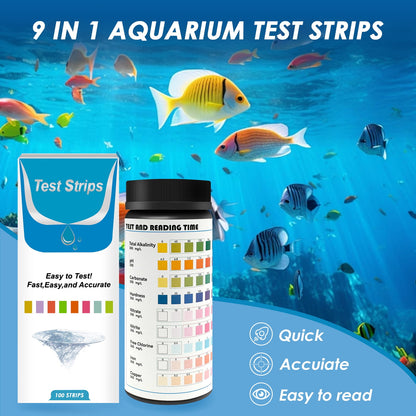 Hvxrjkn 100Pcs Aquarium Test Strips 9 in 1 Fish Tank Test Kit with Test Tube Fast Aquarium Water Testing Strips for Iron Copper Nitrate Nitrite Free Chlorine Hardness Carbonate pH
