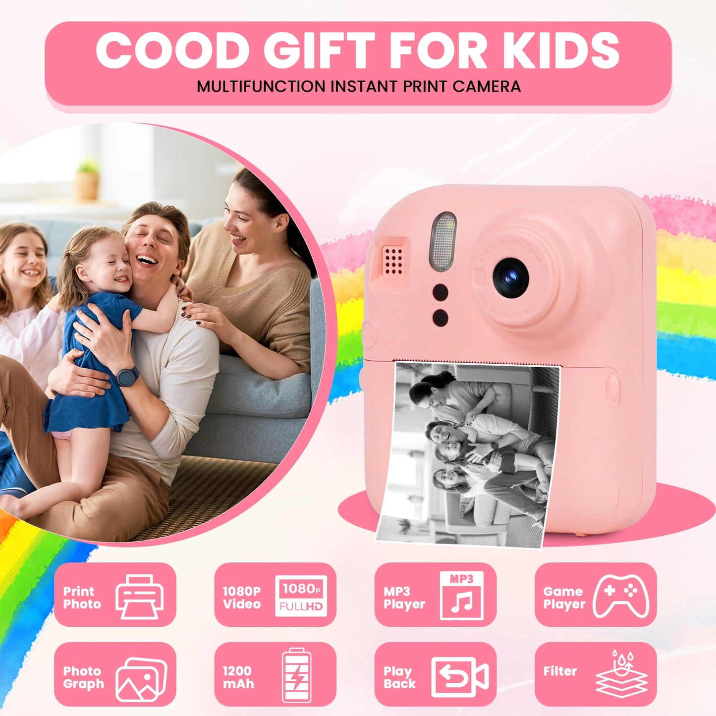 AUOSHI Instant Print Camera for Kids-1080P HD Kids Camera Instant Print Photo&Video with Print Paper & 32G Card ,Dual camera with flash，Christmas Birthday Gifts for Age 3-12 Girls Boys-Pink