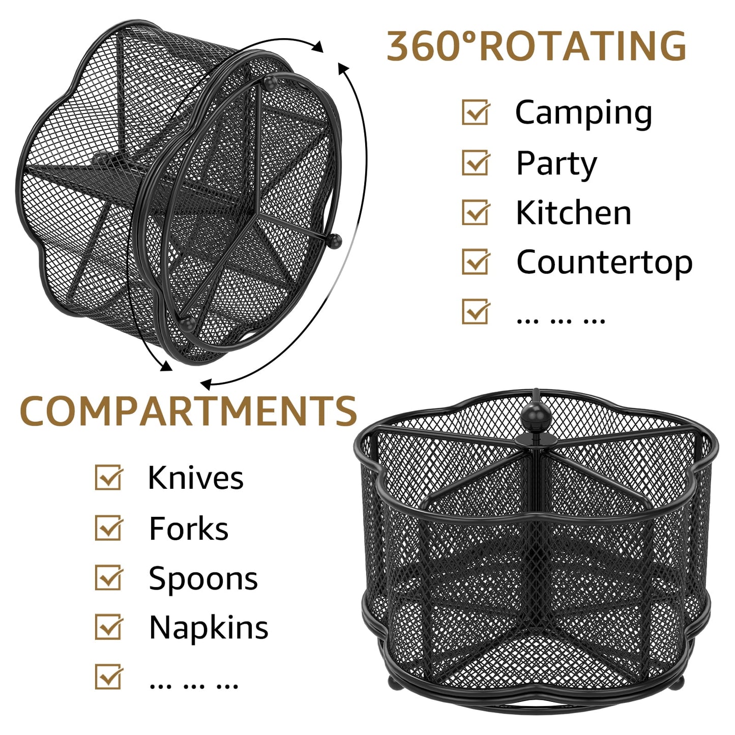 Txkrhwa 360 Degree Rotating Metal Utensil Caddy Holder, 5 Compartments Silverware Cutlery Organizer, Kitchen Fork Spoon Organizer, Party Countertop Buffet Picnic Camping Outdoor Storage Basket