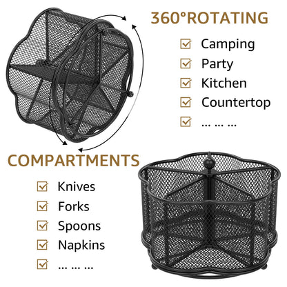 Txkrhwa 360 Degree Rotating Metal Utensil Caddy Holder, 5 Compartments Silverware Cutlery Organizer, Kitchen Fork Spoon Organizer, Party Countertop Buffet Picnic Camping Outdoor Storage Basket