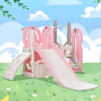 5 in 1 Toddler Slide and Swing Set, Kids Playground Climber Slide Playset with Basketball Hoop Freestanding Combination, Indoor & Outdoor Toys for Babies Kids Teens, Pink