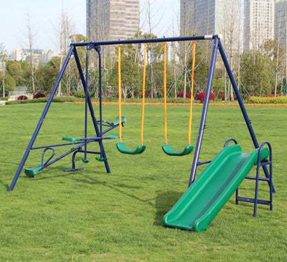 5-In-1 Swing Sets for Backyard, 700 LBS Outdoor Swing Set with 2 Swing Seat, 1 Glider, 1 Slide & 1 See-Saw, Heavy-Duty A-Frame Metal Swing Set for Playground/Park/Backyard