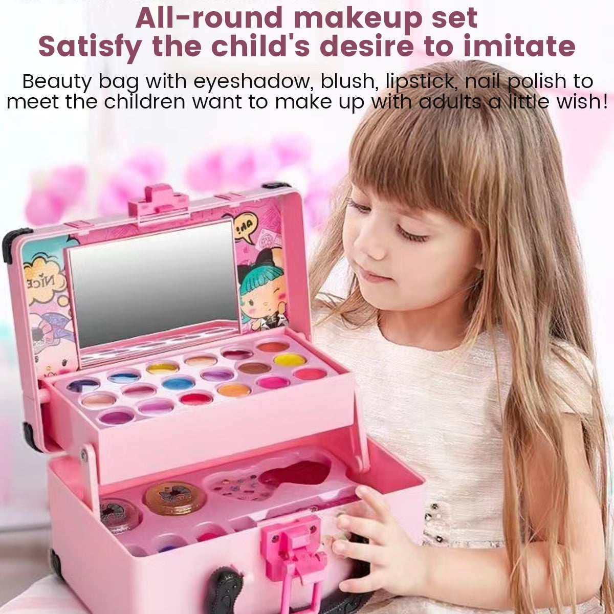 Washable Cosmetic Set Kids Girls Makeup Kit Fold Out play Vanity Makeup Toy Palette Box with Mirror Lipstick for Girls