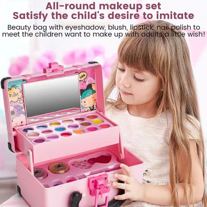 Washable Cosmetic Set Kids Girls Makeup Kit Fold Out play Vanity Makeup Toy Palette Box with Mirror Lipstick for Girls