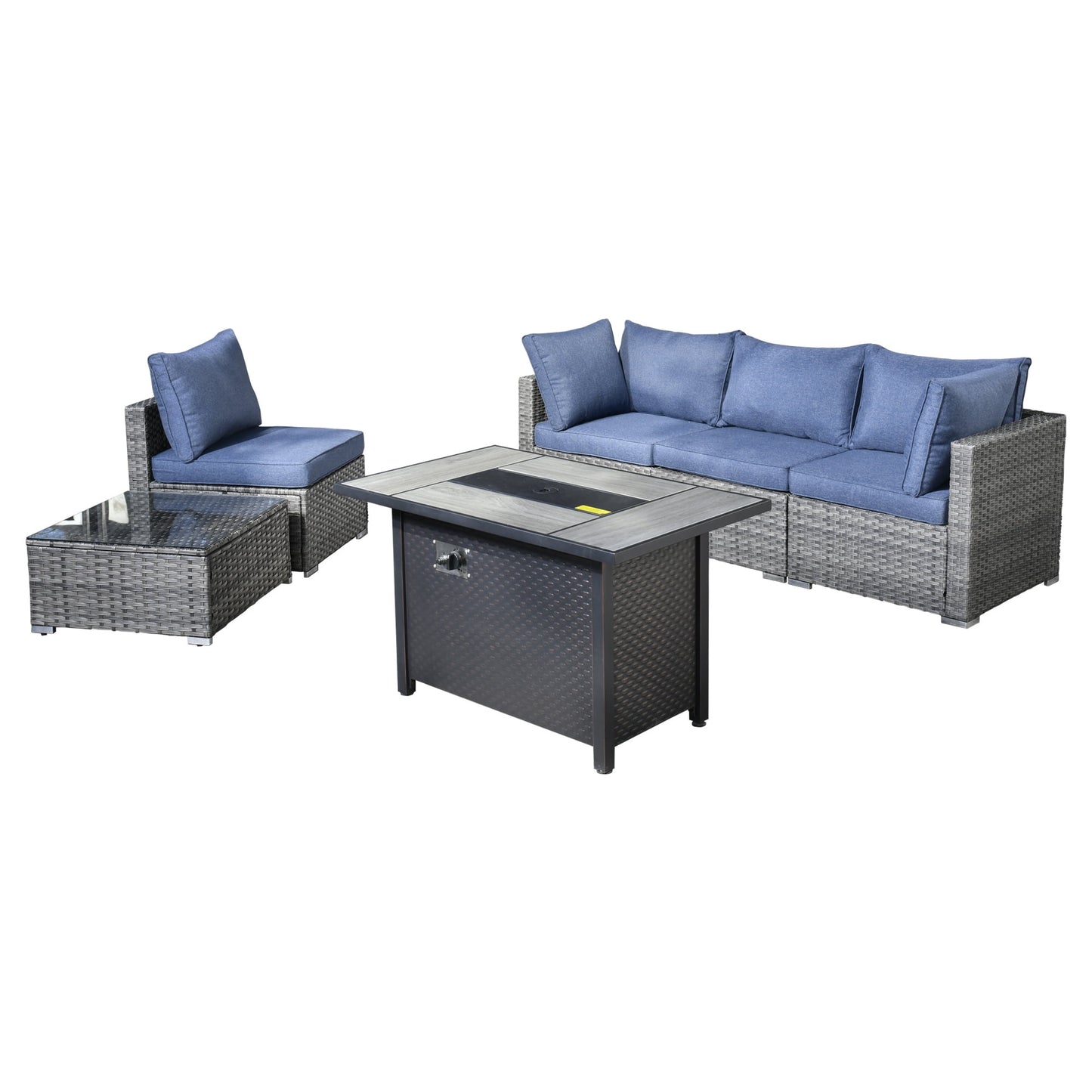 Vcatnet 6 Pieces Outdoor Patio Furniture Sectional Sofa All-weather Conversation Set with Fire Pit Table and Coffee Table for Garden,Poolside,Denim blue