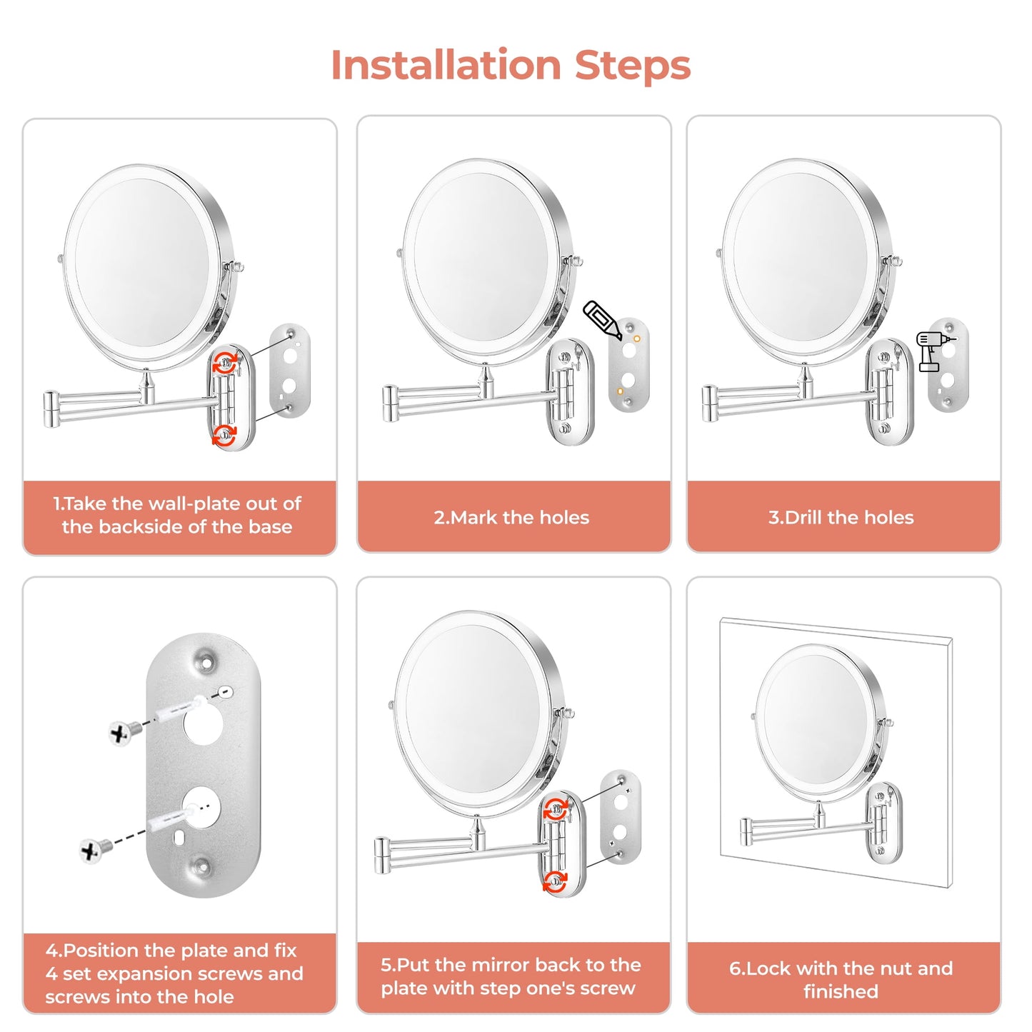 ZIMFANQI Bathroom Vanity Mirror with Lights, 8" Double Sided 1X/10X Magnifying, 3 Colors Brightness Adjustable Makeup Mirror, 360°Rotation Extendable Wall Mounted Lighted Makeup Mirror(Chrome)