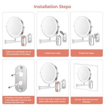 ZIMFANQI Bathroom Vanity Mirror with Lights, 8" Double Sided 1X/10X Magnifying, 3 Colors Brightness Adjustable Makeup Mirror, 360°Rotation Extendable Wall Mounted Lighted Makeup Mirror(Chrome)