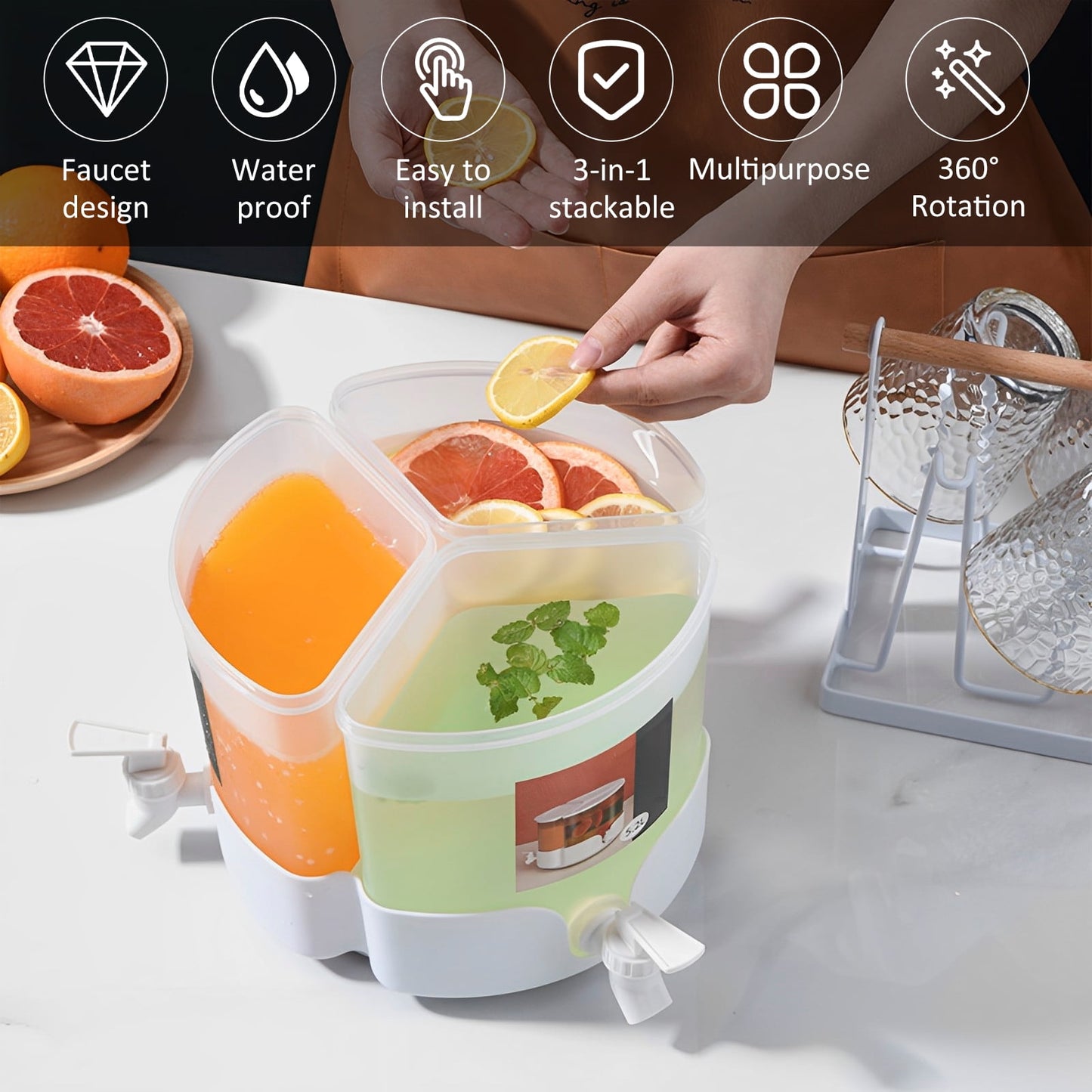 Evjurcn 5.1L Party Drink Dispenser with Faucet 360° Rotatable Juice Jug Dispenser 3 in 1 Removable Beverage Dispenser Home Juice Dispenser for Iced Tea Coffee Lemonade
