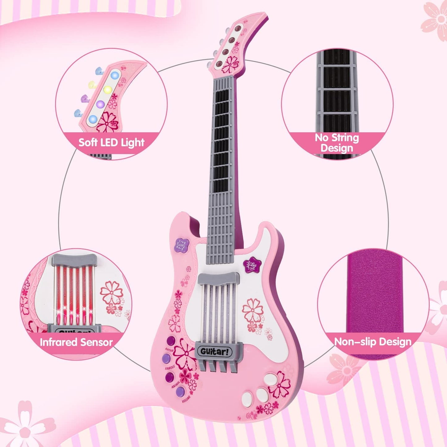 AIMEDYOU Kids Guitar for Girls Music Toys Guitar for Kids Toddler Electric Guitar with Strap Kids Pink Guitar Musical Instrument Toys for 3 4 5 Year Old Girls Gifts