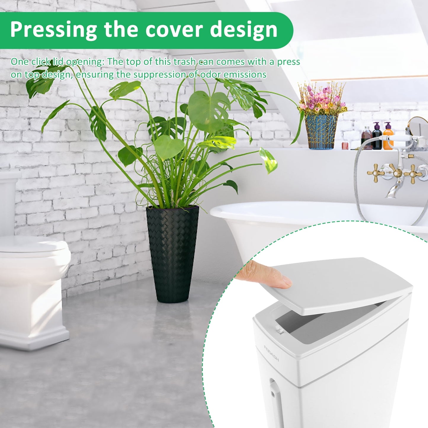 Trash Can Trash Can with Toilet Brush Holder Press-Type Plastic Garbage Can 4.5L Slim Rectangular Trash Bin for Toilet Kitchen