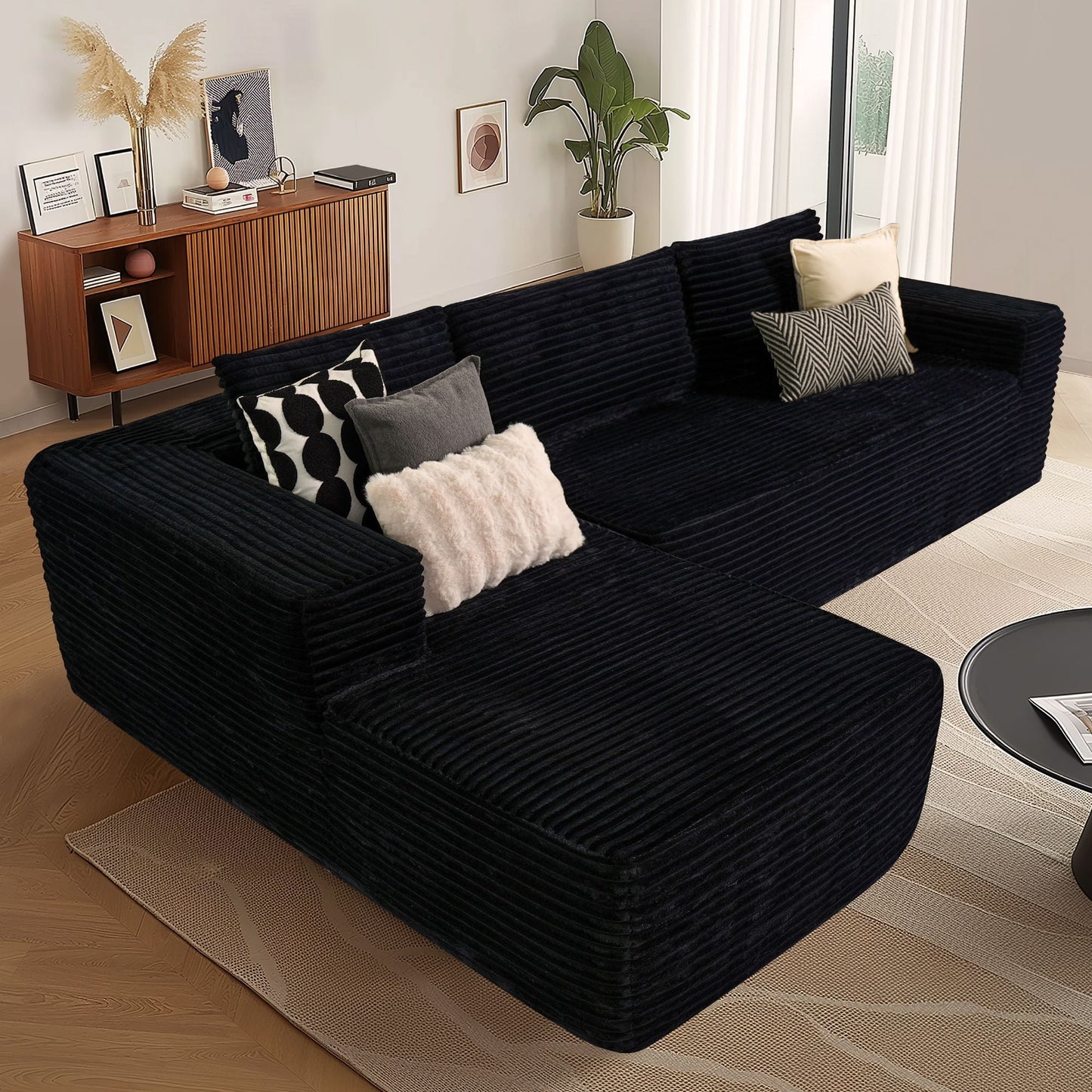 Vcatnet 106'' Modular Sectional Sofa Couch Corduroy L Shaped Modern Minimalist Couches for Living Room, Black