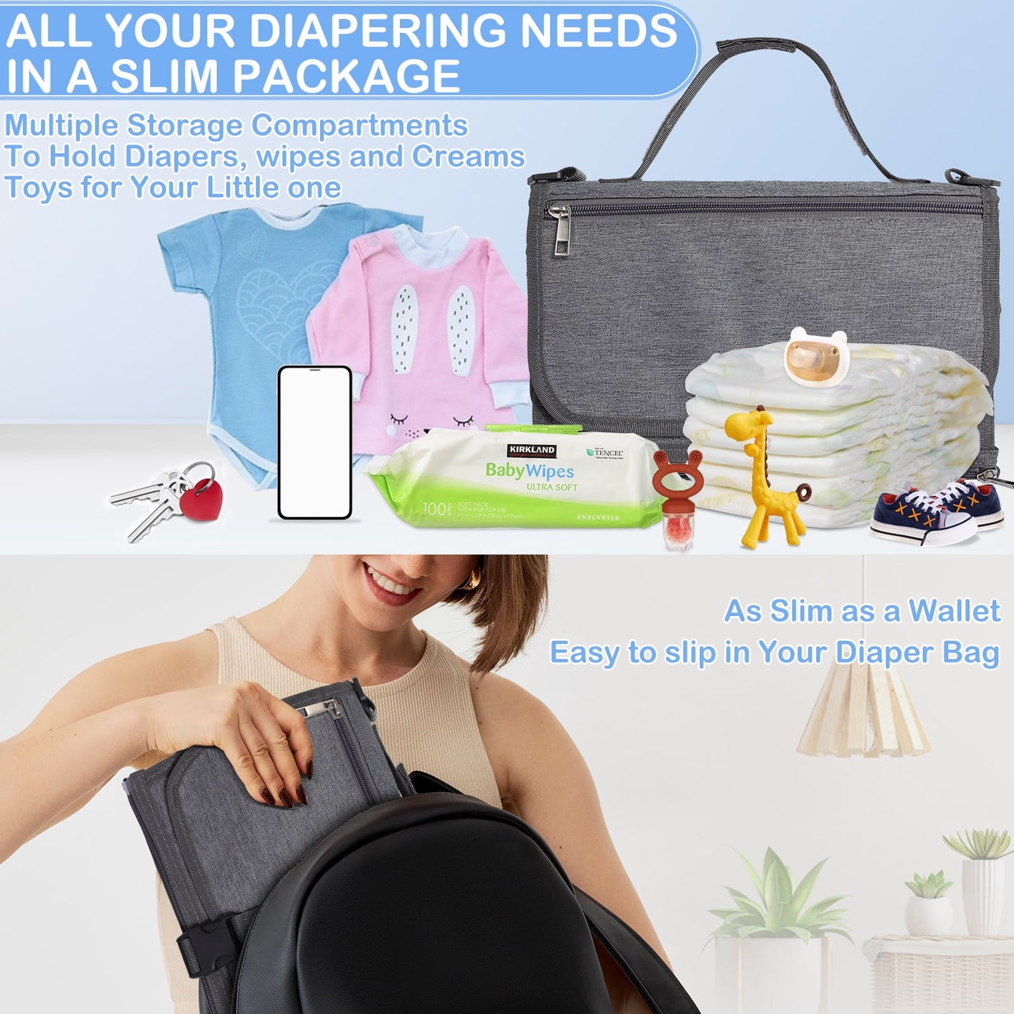 FVLOENG Baby Portable Changing Pad - Waterproof Travel Diaper Changing Pad for Newborn , Wipes Pocket Mat Foldable & Detachable Diaper Bag Tote, Changing Pad Cover Station Shower Gifts (Dark gray)
