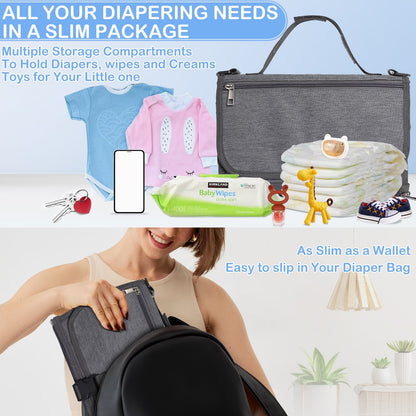 FVLOENG Baby Portable Changing Pad - Waterproof Travel Diaper Changing Pad for Newborn , Wipes Pocket Mat Foldable & Detachable Diaper Bag Tote, Changing Pad Cover Station Shower Gifts (Dark gray)